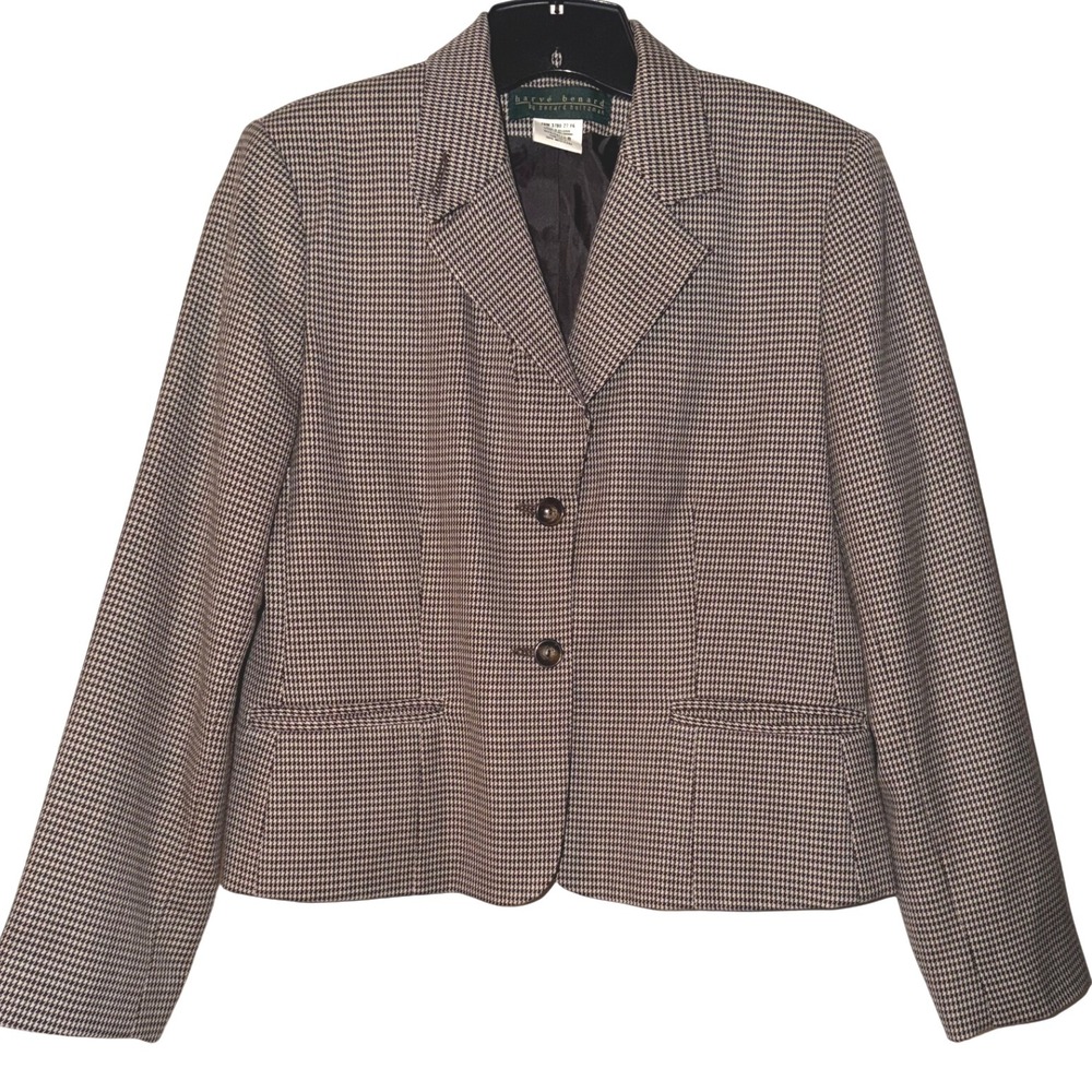 Harve Benard by‎ Bernard Holtzman Houndstooth Wool Blazer Size 8 Brown Tan